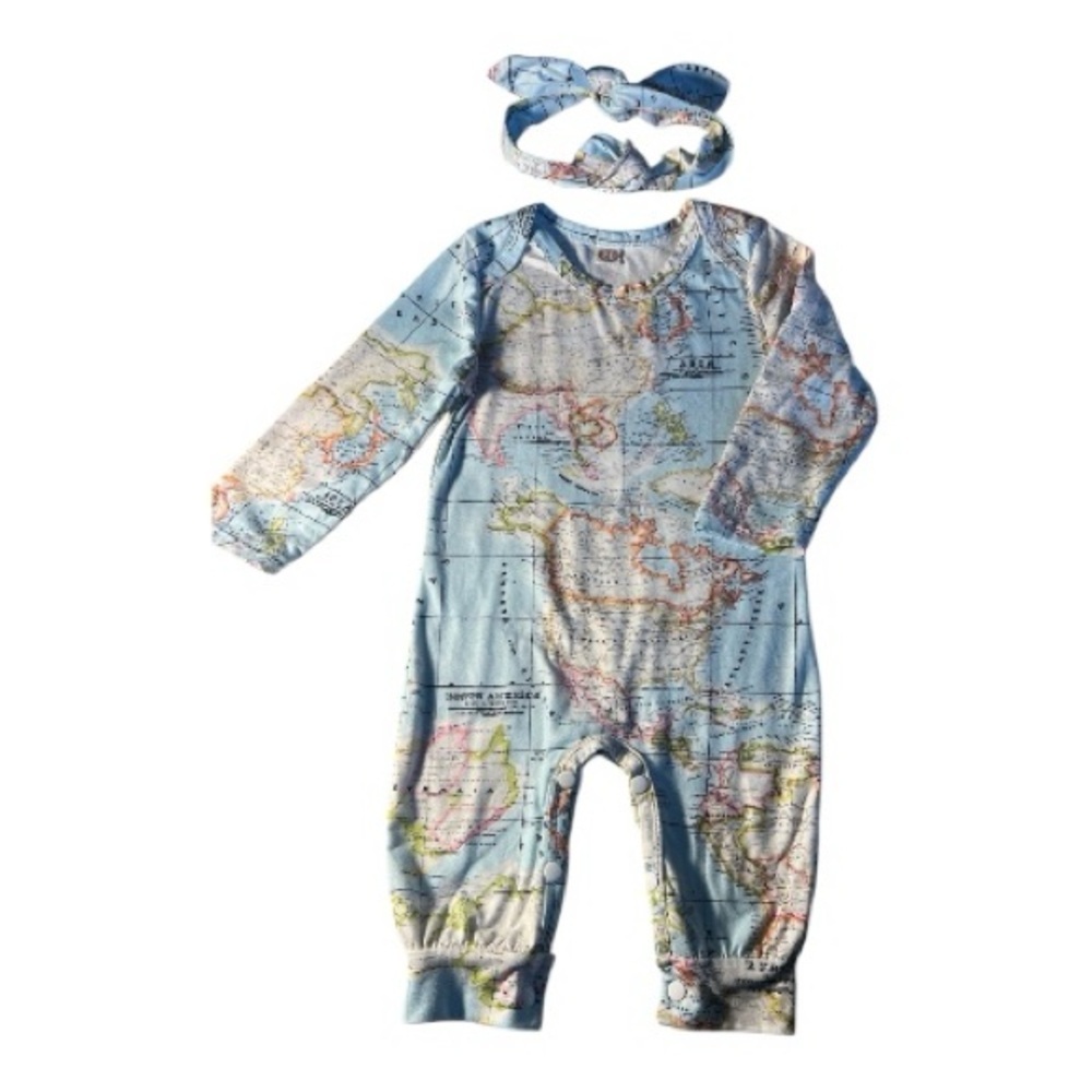 Source Unknown Blue Map Print Kids Footie with Headband - Picture 2 of 4
